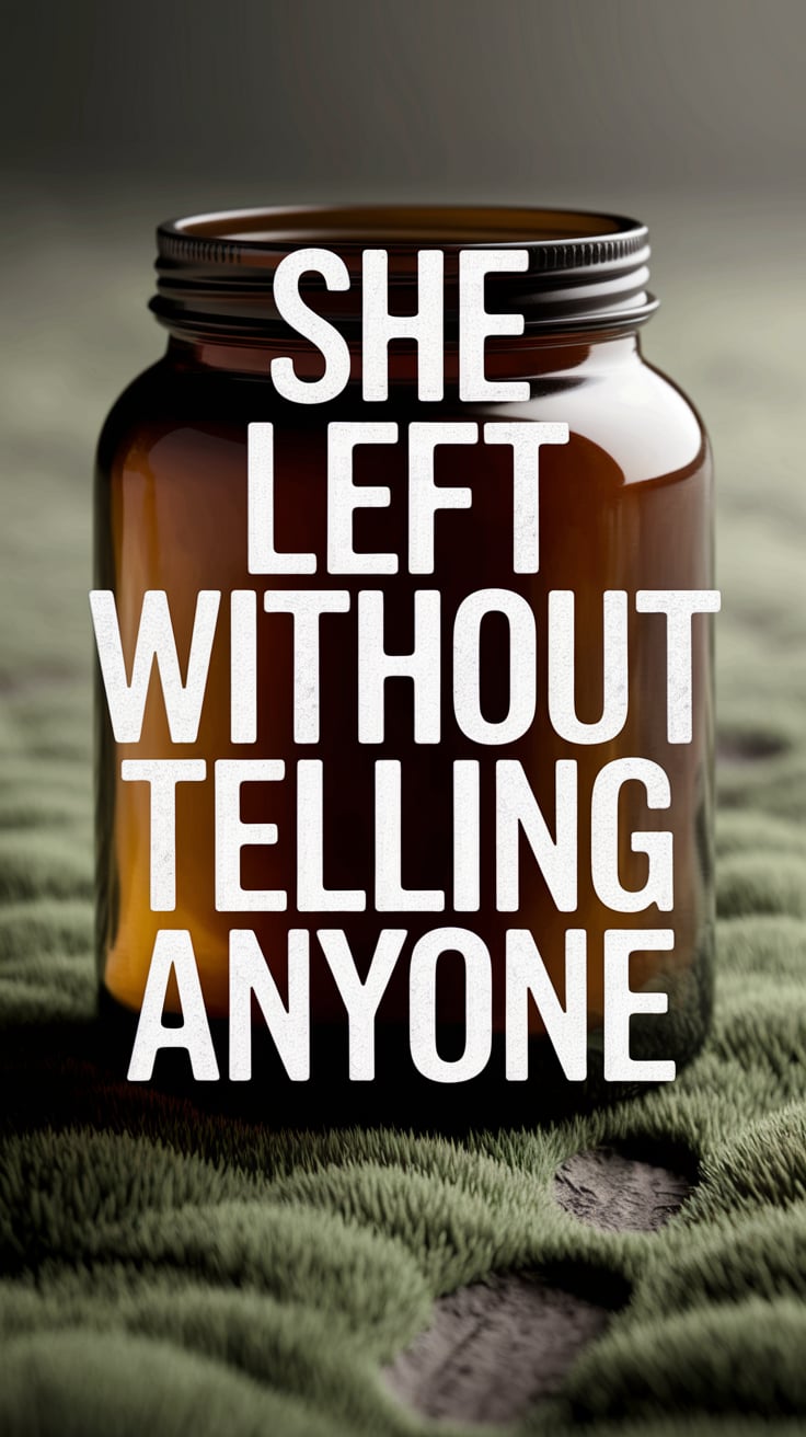 she left without telling anyone The jar is alone on a bed of soft moss, faint footprints beside it. Light is muted and grey-green. Background out of focus. Text is centered, pale white, slightly distressed serif font. High contrast and emotionally heavy.