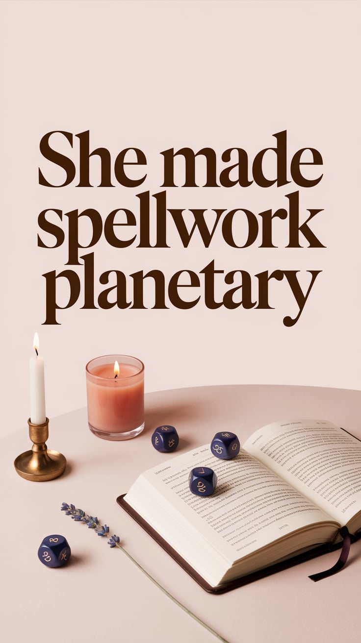 she made spellwork planetary A clean desk setup with only a candle, an open grimoire, and three planetary dice placed with intention. The color palette is washed rose and soft bone white. A single sprig of dried lavender rests nearby. Text is huge, warm dark brown serif in all lowercase, centered across the image. It reads like a revelation.