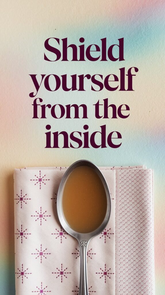 A pastel cream background with a single spoon of hot broth in the center. It rests on a napkin with stitched stars, giving the image a dreamy, domestic feel. The text is large, centered, and written in a vintage storybook serif in deep rose. It feels like grandmother’s spellbook with a modern twist—gentle, wise, and quietly intense.