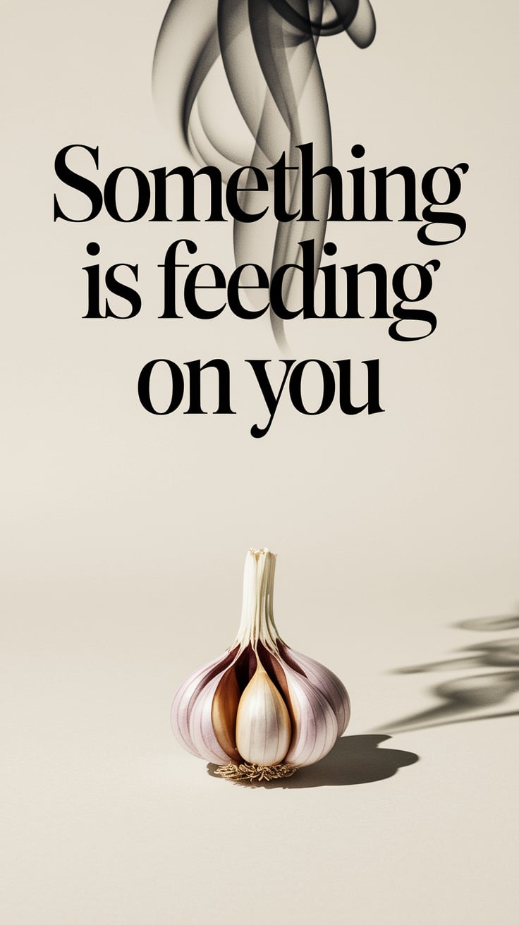 A clean, pale beige background with a single, delicate garlic bulb cracked open in the center, casting a soft shadow. Above it, the large serif text hovers in deep charcoal, slightly blurred at the edges like smoke, drawing the eye straight to the words. The font is thin but tall, vintage-modern. The garlic almost glows with soft lighting from above, hinting at something quietly powerful beneath the surface.