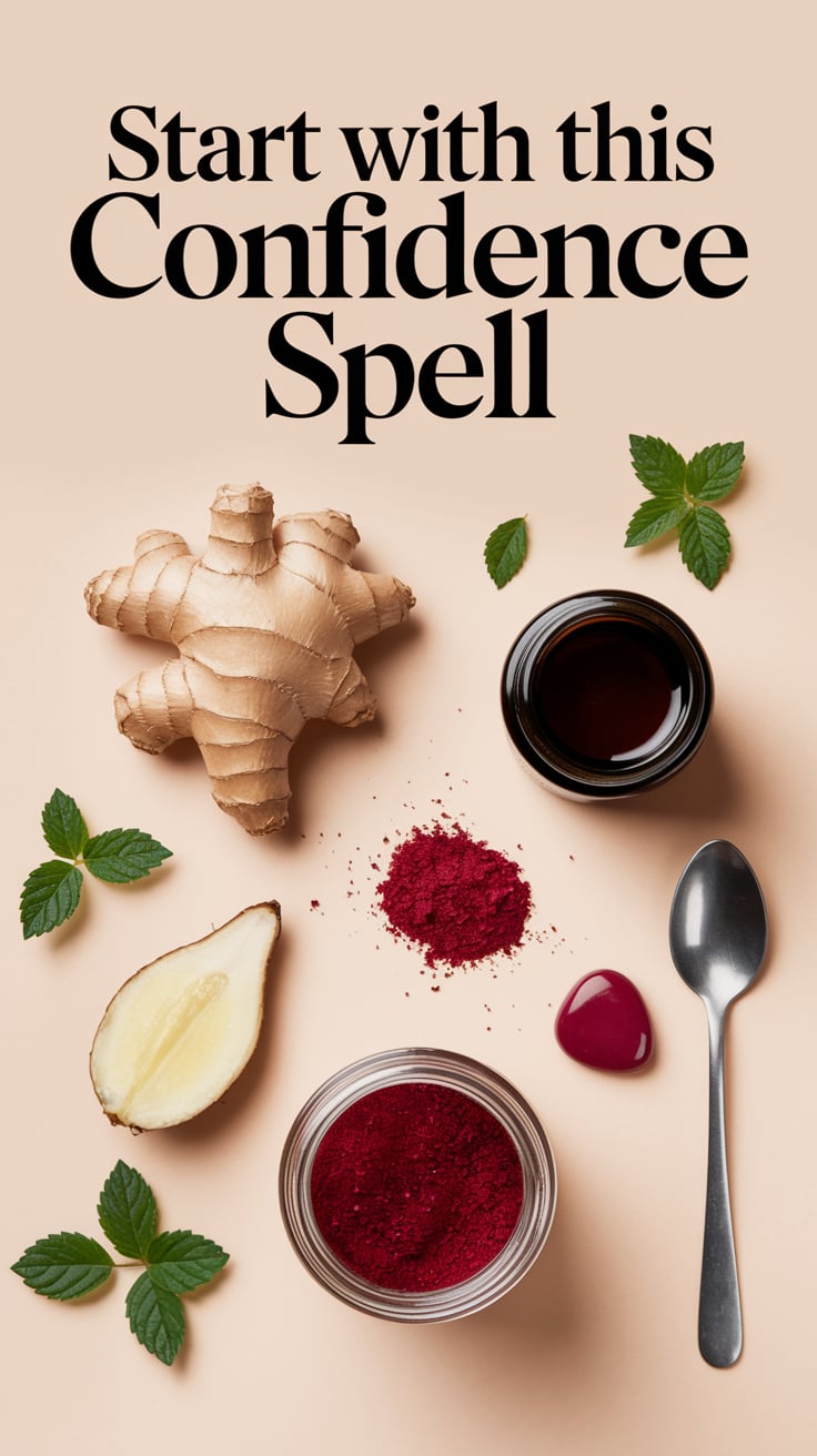 Very beginner-friendly layout: ingredients spread cleanly like a recipe board—ginger, peppermint, ruby, a jar, and a spoon. All items clearly labeled in tiny white script, while the massive title text dominates the top third: rich golden serif letters on a matte pale background.