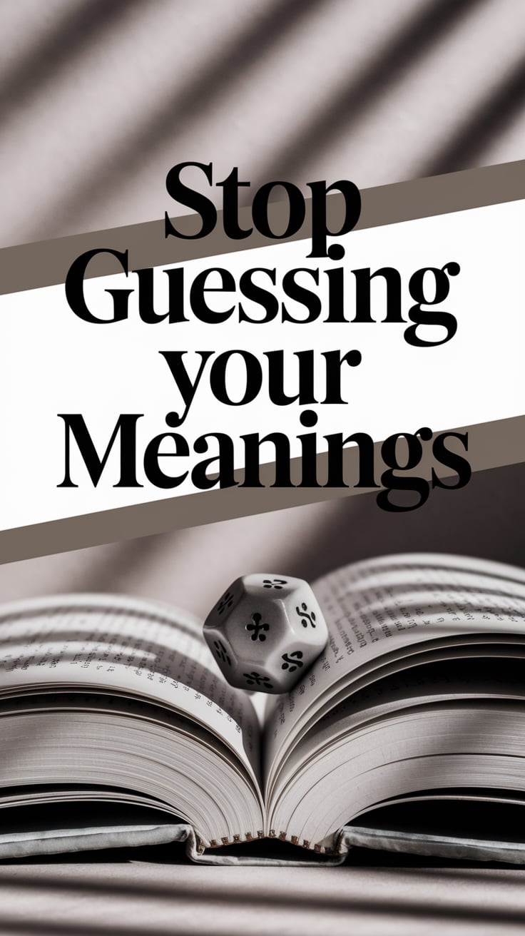 stop guessing your meanings A single planetary die balanced on the edge of an open book, with the page curling dramatically under it. The background is a moody pale taupe, with shadows wrapping around the book’s spine. Text is thick serif, black on a soft white gradient strip across the center, demanding attention in the most delicate way.