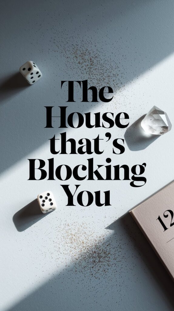A soft shadow falls across a minimal altar setup: just a small white dice, a quartz cluster, and a folded paper labeled “12.” Everything sits on a light gray background dusted with faint ash like leftover spell powder. The text is large, in an all-caps serif font, solid black, cutting straight through the image. It screams subtle power. Viewers will feel like something’s been hidden from them.