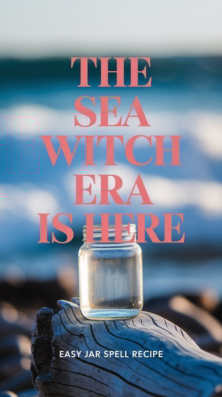 the sea witch era is here Bright, sunny photo of a palm-sized jar placed on a piece of driftwood, with crashing waves blurred in the background. The font is bold serif, very dark coral, taking center stage. “Easy jar spell recipe” follows in tiny sand-colored caps.