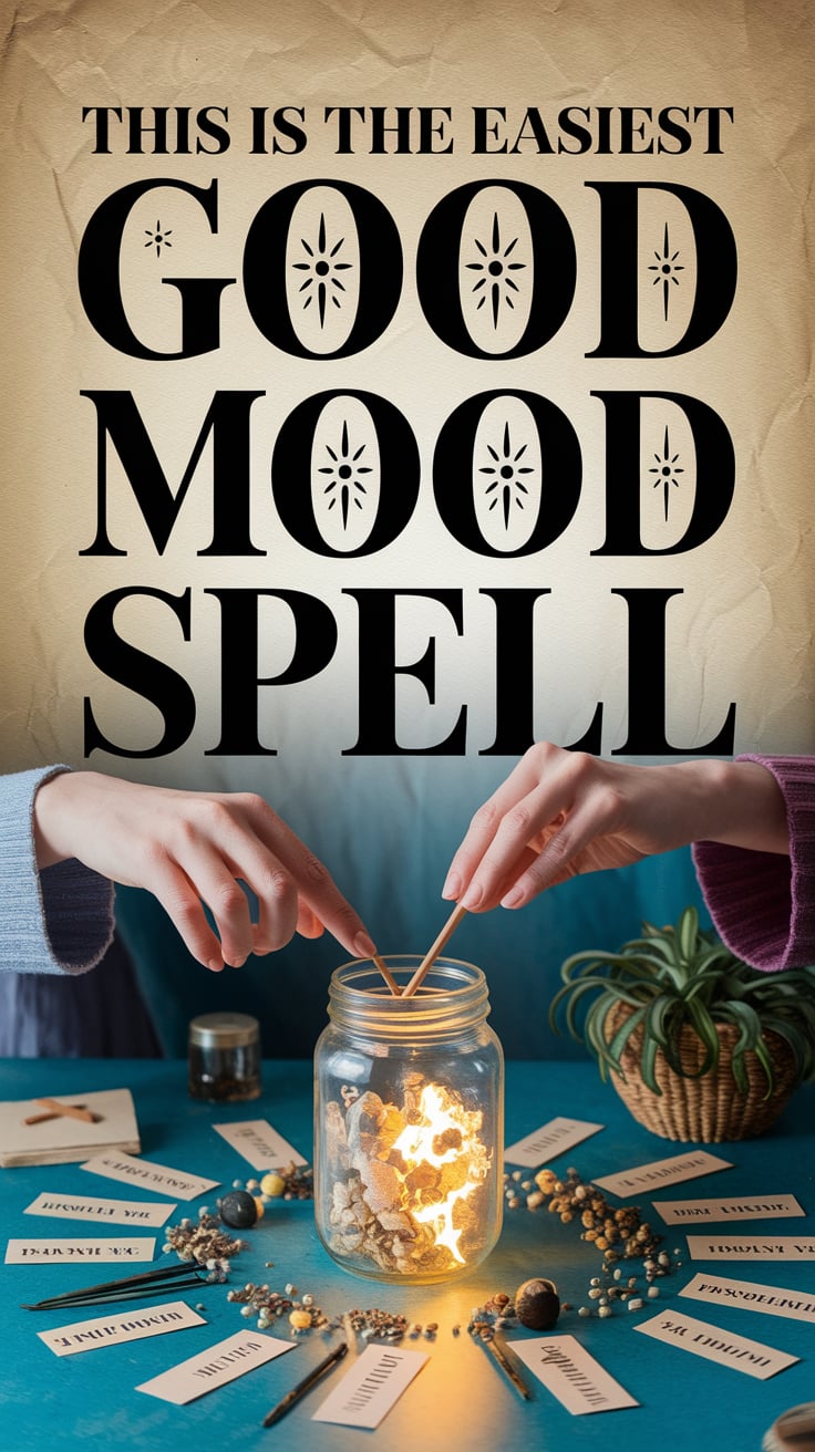 this is the easiest good mood spell A wide shot of a hands-on table, a beginner witch's hands mid-build of a jar spell. Each herb is neatly laid out, labeled. The jar glows faintly. The background is faded parchment beige. Text is large, handwritten-looking, and sits slightly off-center for a personal feel. Psychedelic happy joyful hippie vibes.