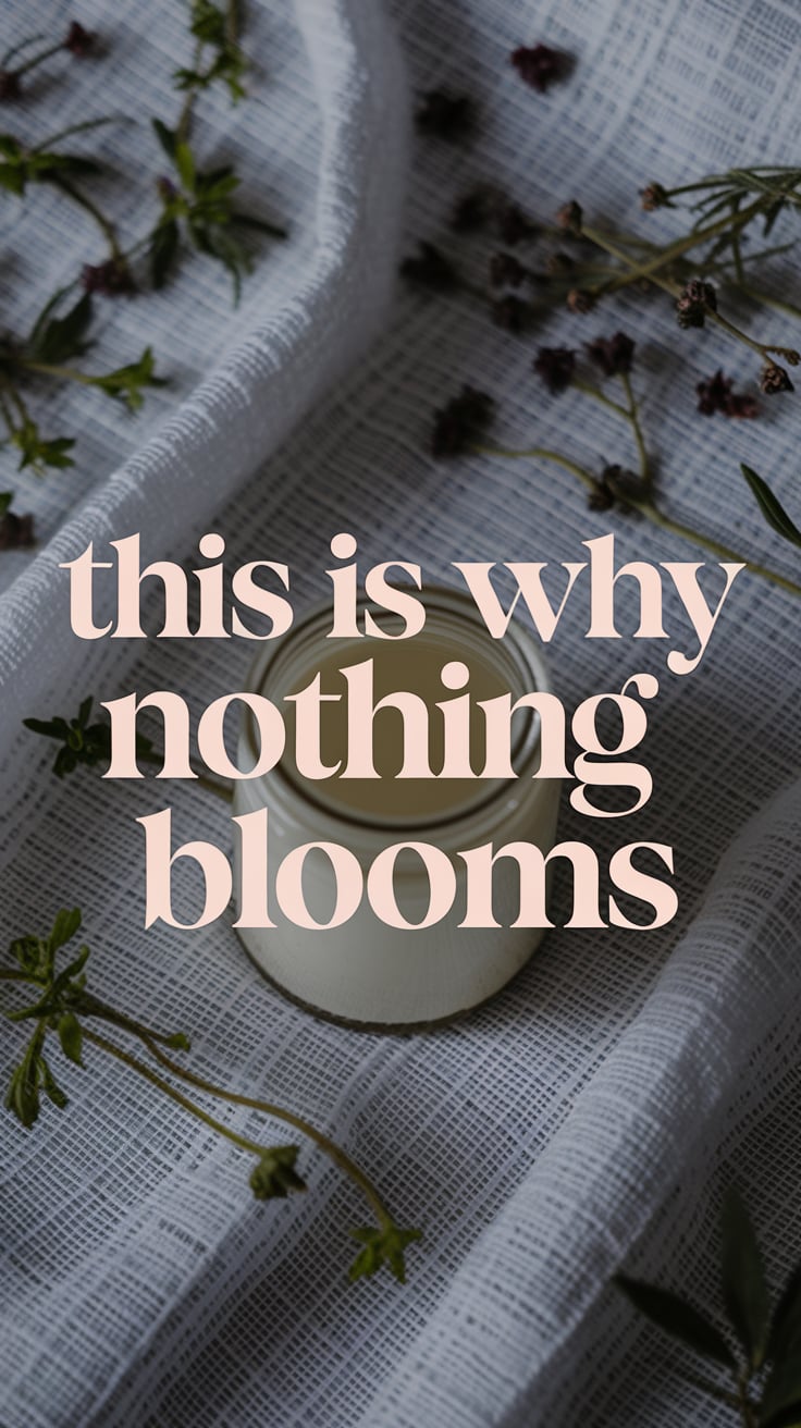 Flat lay of herbs scattered across a white gauze cloth. One small jar sits in the middle, pristine and untouched, filled with light. The whole image is softly overexposed, giving it a ghostly white glow. The text is in an elegant serif, centered near the top, pale blush pink with a sharp shadow behind it to pop. It feels like a secret someone’s grandmother might have whispered. You want to save it. You want to believe it.