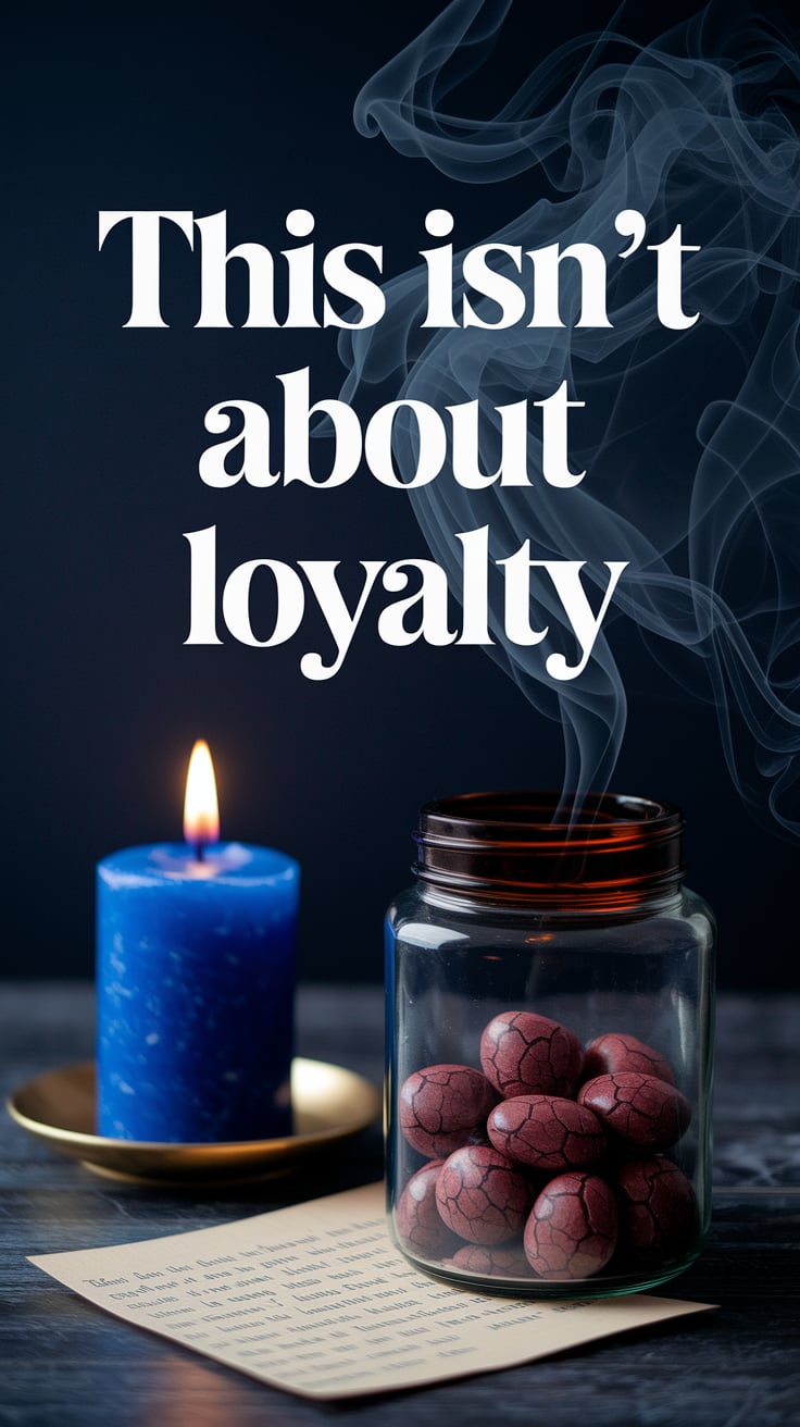 this isnt about loyalty A blue candle burns low beside a dark jar filled with cracked red stones. An old note rests beneath it. Background is dark navy with smoky white swirls. Text is white serif, slightly broken-looking, lowercase, centered directly above the jar in clean, haunting space.