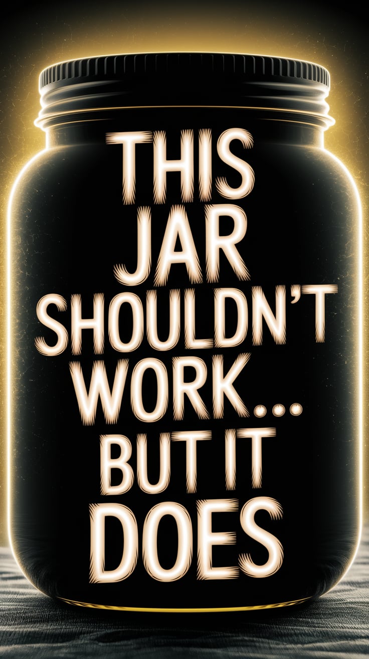 this jar shouldnt work. but it does A moody image with the jar in the corner, barely visible. A faint yellow glow hovers around it. The rest of the frame is black linen with soft noise. The text is golden and eerie, in a stark, modern typeface. It pulses with subtle mystery. Psychedelic happy joyful hippie vibes.