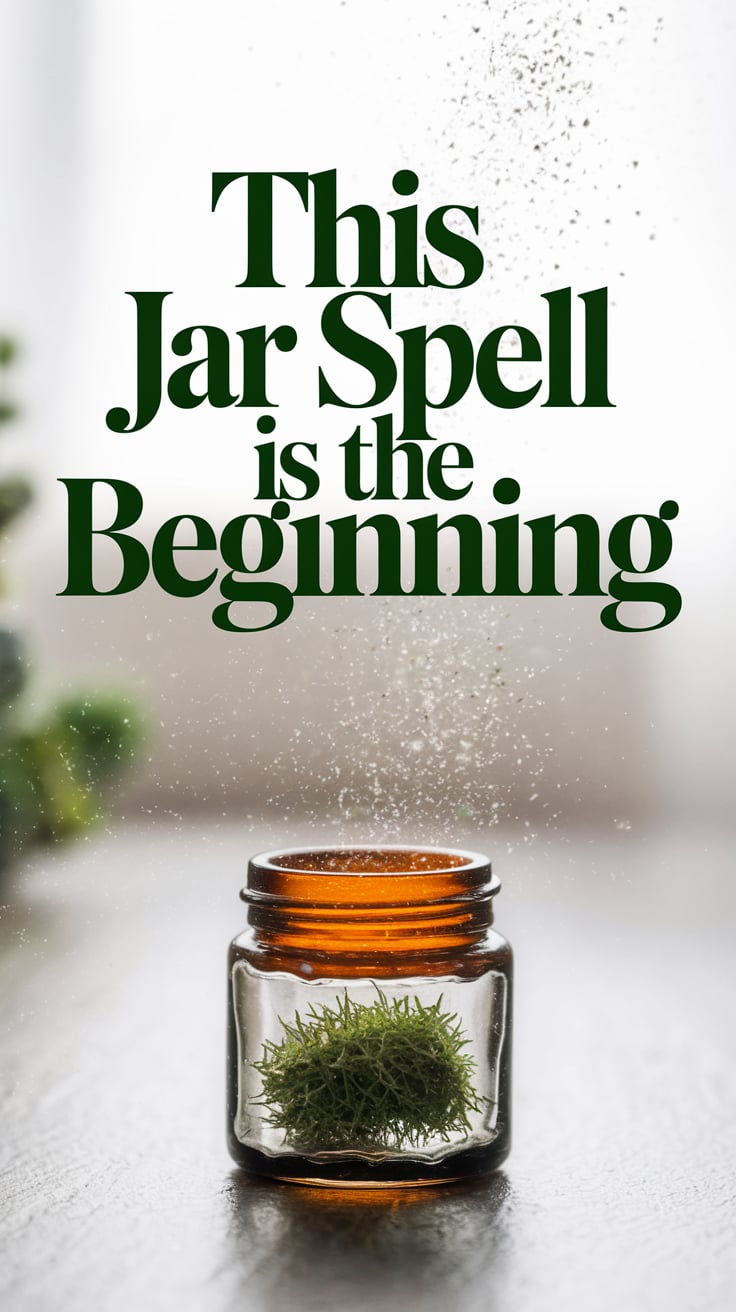this jar spell is the beginning A small open jar in the center of the frame, with light floating particles rising from it—glittering dust, or maybe just pollen in the air. Moss agate glints inside. The background is bright and softly blurred. Text is deep green, large serif font, stretching across the lower third like a soft command.