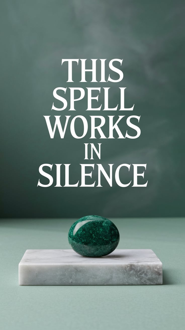 this spell works in silence A minimalist photo of a single green jasper stone sitting on a slab of white marble. No clutter. Background is sage green, just a soft haze. The text is ghost-white, large, faded just enough to look secretive, like a whisper you werenโt meant to hear.