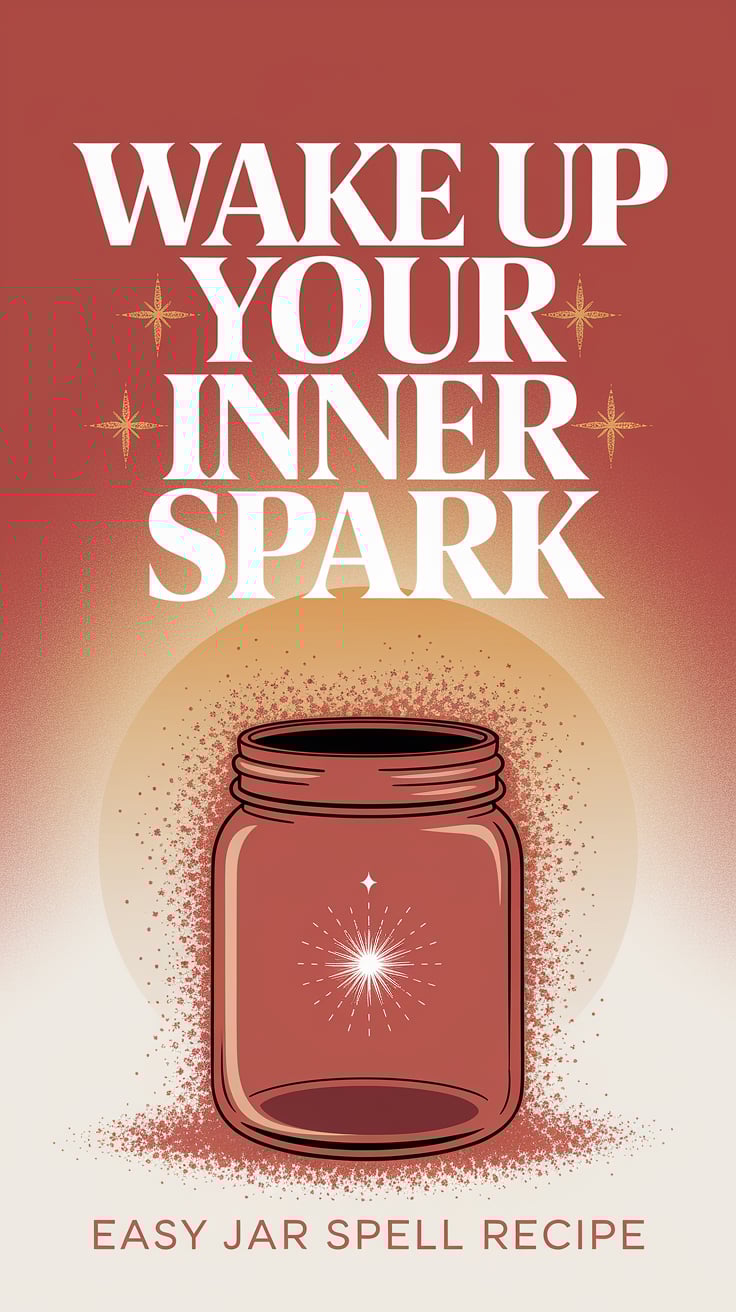 wake up your inner spark A peach-to-white gradient background that feels like sunrise. A tiny spark glows within a center-placed jar. The jar is subtly accented with garnet sparkles and cinnamon dust. Text is in bold white serif, oversized, with gold shadowing. ‘Easy jar spell recipe’ is thin, simple, and tucked neatly at the base.