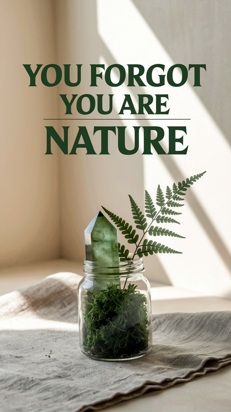 you forgot you are nature A glass jar filled with fresh moss, a tiny fern, and a glowing moss agate crystal sits alone on a raw linen cloth. Soft sunlight filters in from the side. The background is a smooth, creamy beige wall, slightly blurred. The text is large, moss green serif with high contrast against the pale background, centered and hauntingly quiet.