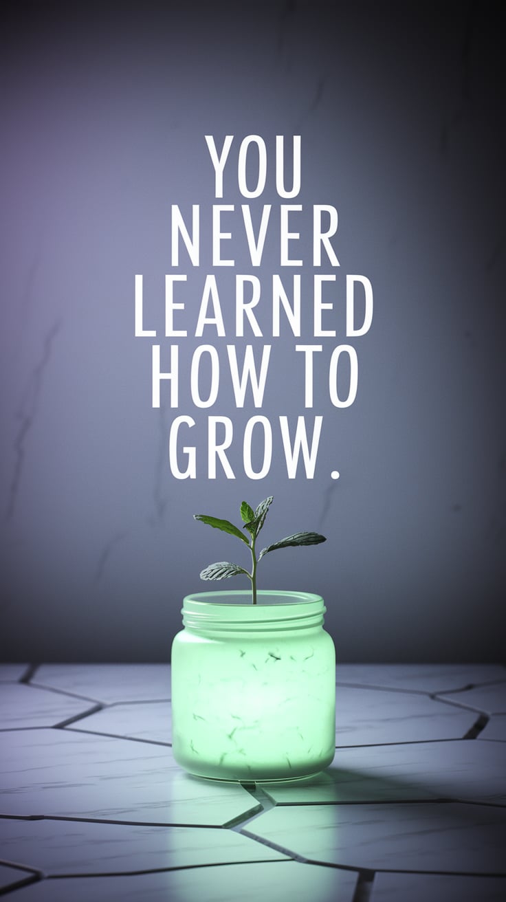 A tiny sprig of mint rises from a pale green jar that glows faintly from within. The surface is white marble, lightly cracked like it’s holding tension. Background is soft pearl but moody at the edges. The text is pale lavender, tall and thin, spaced wide in a minimalist font. It appears heavy in its silence, drawing the eye like a memory half-remembered.