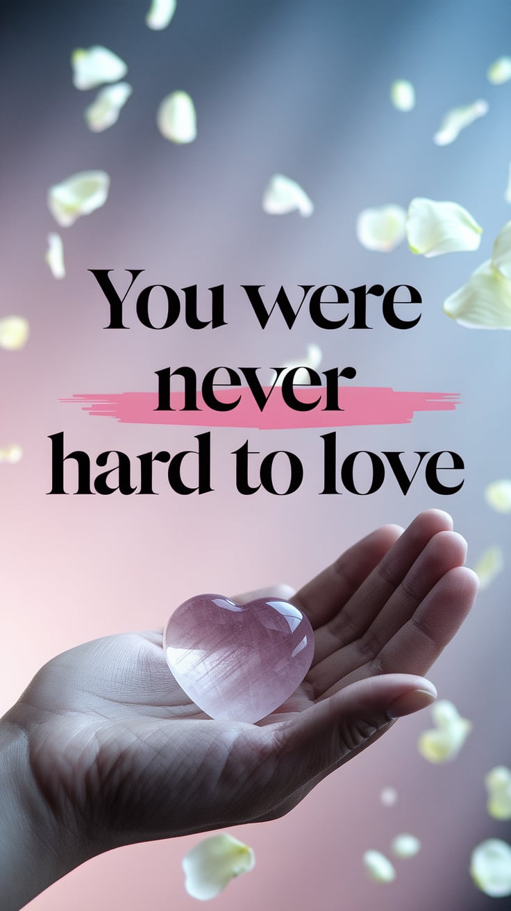 A heart-shaped rose quartz resting in an open hand. Soft jasmine petals fall in the background like snow. The whole background is faint pink and white mist. Text is soft black serif with a pink drop shadow, dead center.