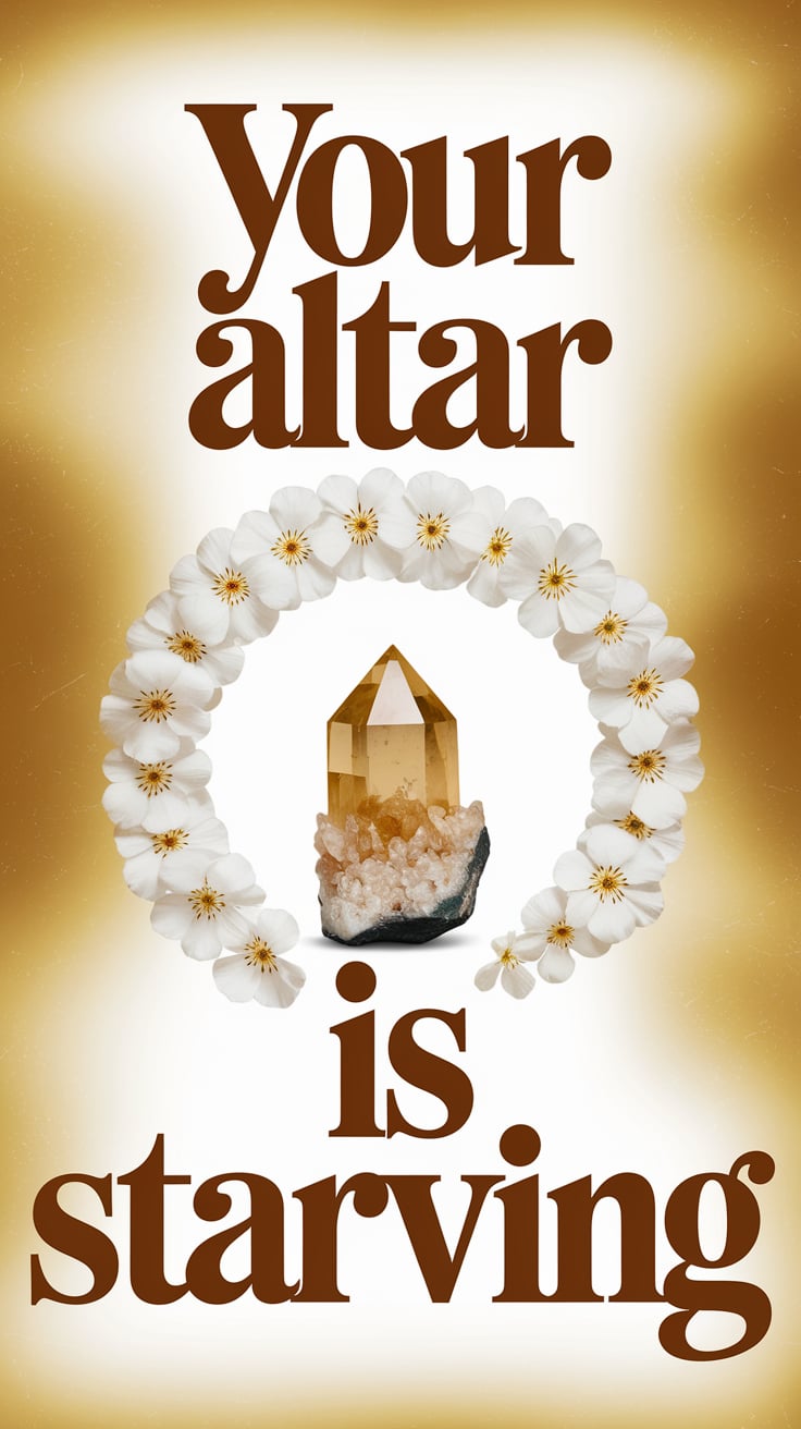 your altar is starving A slightly dimmed golden gradient creates a surreal, dreamy background. Centered is a citrine cluster, propped upright inside a ring of white flower petals. The vibe is devotional, but off-kilter—like worship without belief. The text is deep terracotta, all lowercase serif, so large it touches both edges of the image.
