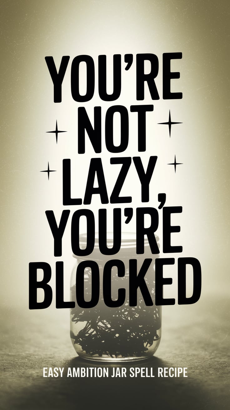 youre not lazy youre blocked A foggy cream-gray background with a sealed jar shrouded in shadow. The herbs look trapped inside. Text is slightly distressed, soft black sans-serif, centered like a secret thought.