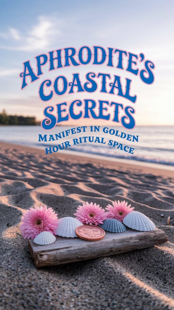 A beach scene at sunset. A small altar with shells, pink flowers, and a copper coin sits on a piece of driftwood. Electric blue text in a whimsical font reads "APHRODITE’S COASTAL SECRETS" with "Manifest in golden hour ritual space" in flowing script beneath. The headline text arches across the sky portion of the image, while the smaller text follows the curve of the shoreline.