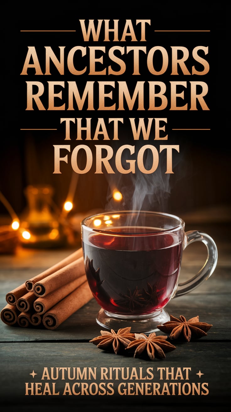A steaming cup of mulled wine sits on a wooden table beside a bundle of cinnamon sticks and star anise pods. Golden evening light creates a cozy atmosphere. Bold text at the top reads "What ancestors remember that we forgot" in a warm, rustic serif font. Small text at the bottom reads "Autumn rituals that heal across generations" in the same font style.