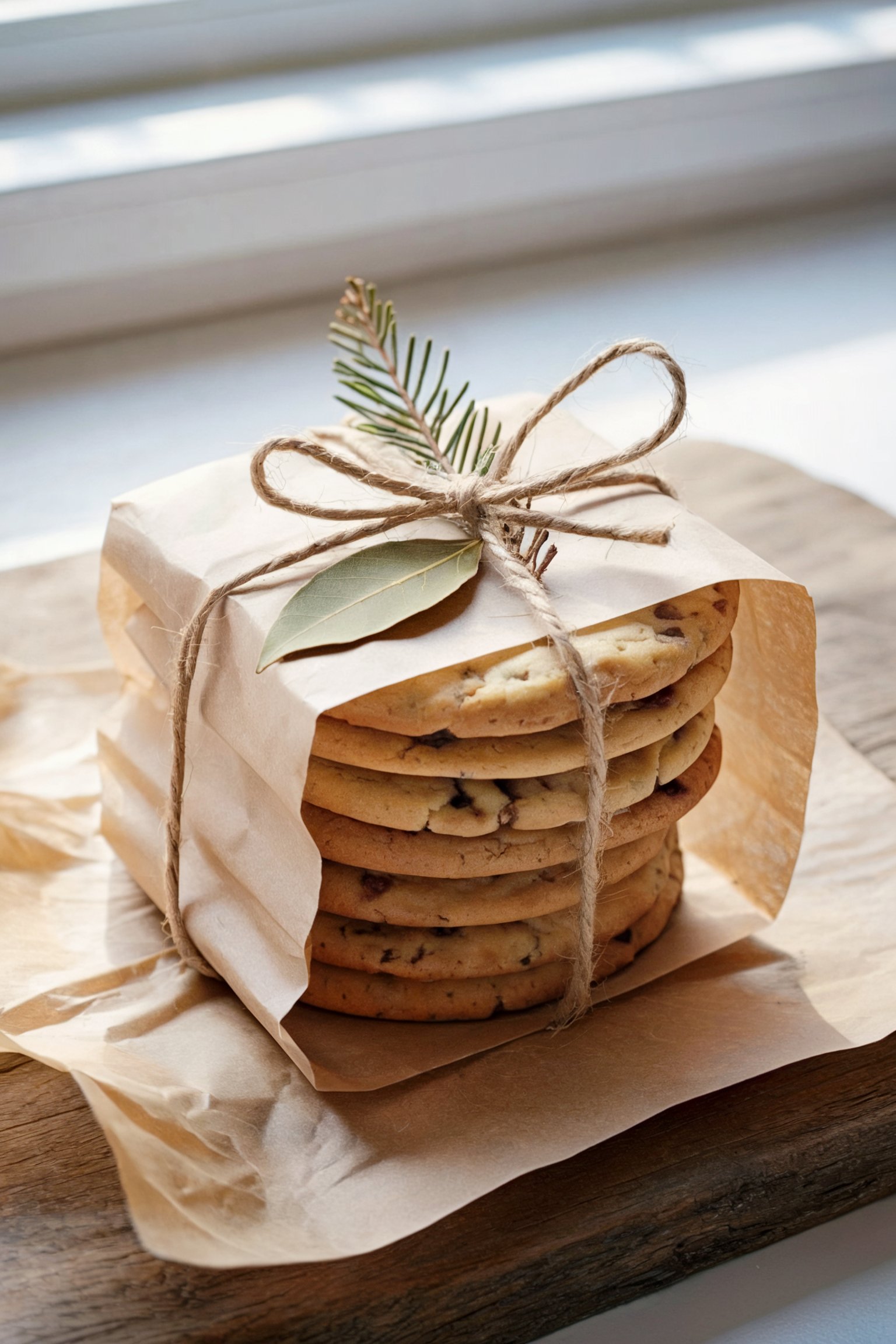 Stack of golden cookies wrapped in parchment paper tied with jute twine, bay leaf and evergreen sprig tucked in