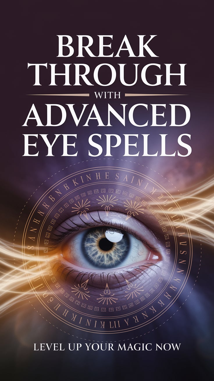 Break Through with Advanced Eye Spells ‘Break Through with Advanced Eye Spells’ — dramatic serif, upper third, deep violet background, focused eye with glowing effects, bottom caption: ‘Level up your magic now’