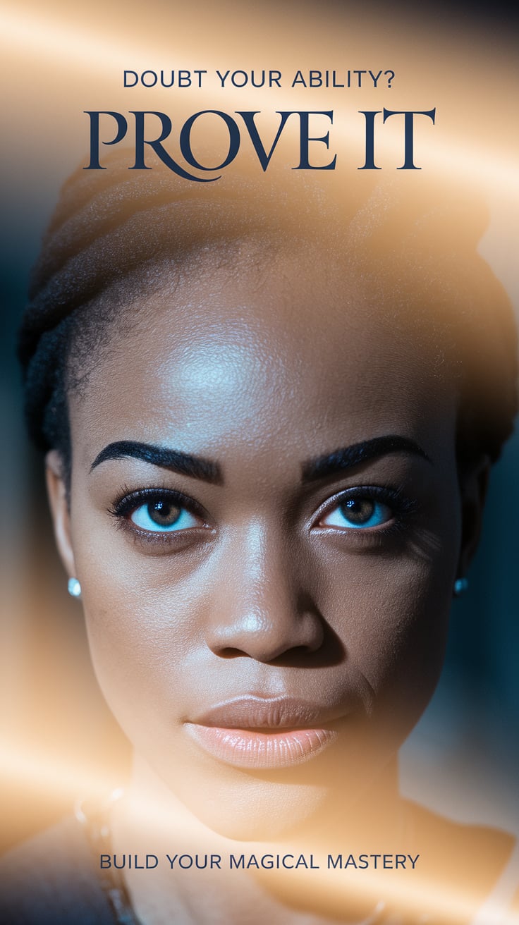 Build your magical mastery ‘Doubt Your Ability? Prove It’ — dramatic serif, upper third, dark blue shades, focus on a confident gaze, bottom caption: ‘Build your magical mastery’