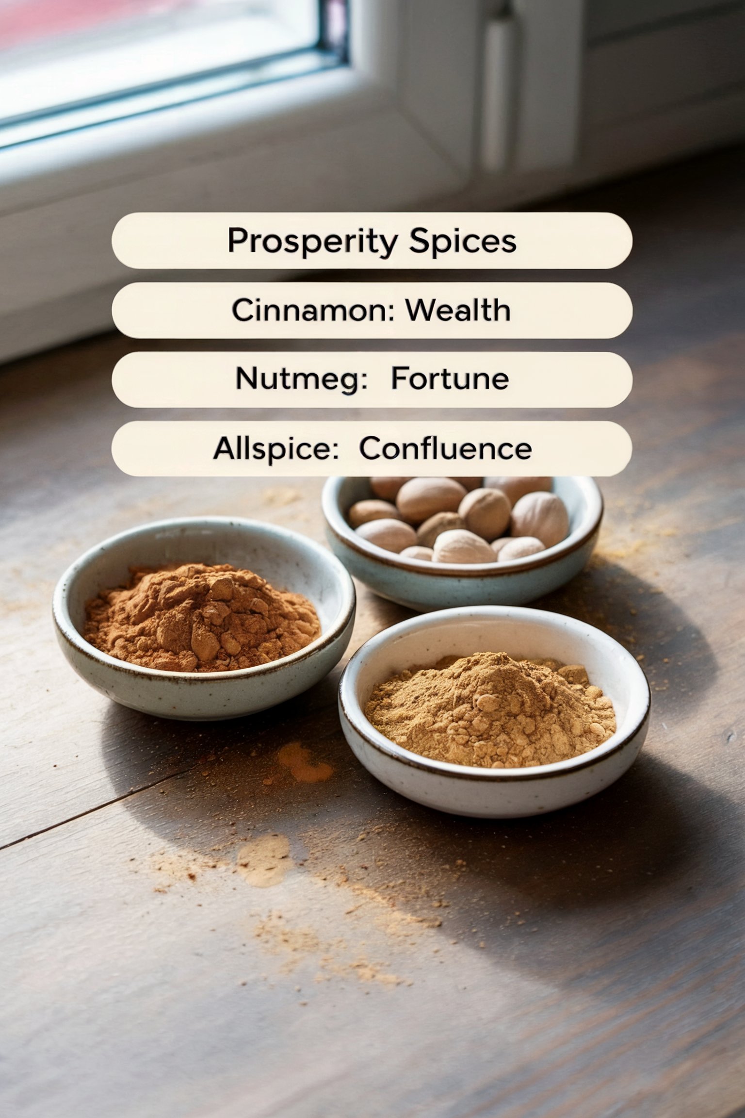 Three ceramic bowls hold ground cinnamon, whole nutmeg, and ground allspice with text labels showing prosperity correspondences