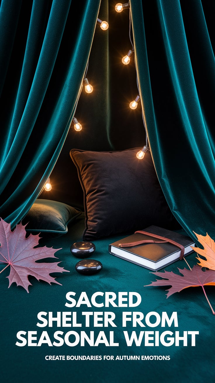 A minimalist blanket sanctuary illuminated by a single string of warm lights against deep forest green fabric. Inside, black velvet pillows, obsidian stones, and a leather-bound journal create a protective boundary. Fallen maple leaves in deep burgundy and burnt orange frame the entrance. Bold white text cuts through the darkness: "SACRED SHELTER FROM SEASONAL WEIGHT" with smaller text reading "Create boundaries for autumn emotions"