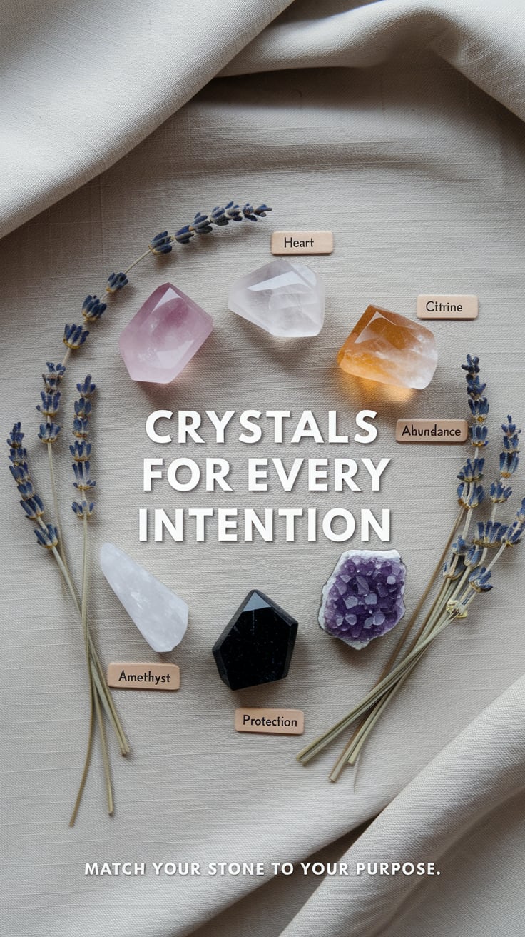 The Complete Crystal Guide by Purpose: Find the Perfect Stone for Every Intention 6 An overhead view of crystals arranged in a circle on a neutral linen cloth. "Crystals for Every Intention" in bold white text spans across the top third. Each crystal is labeled with a tiny tag showing its purpose: rose quartz (heart), citrine (abundance), amethyst (intuition), and black tourmaline (protection). Dried lavender and sage sprigs accent the arrangement. At the bottom in smaller text: "Match your stone to your purpose."