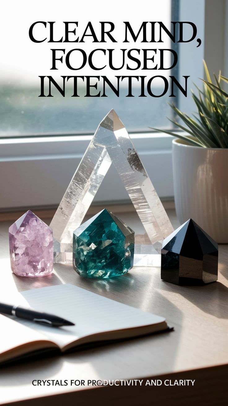 The Complete Crystal Guide by Purpose: Find the Perfect Stone for Every Intention 3 A workspace featuring organizational crystals arranged around a journal and pen. "Clear Mind, Focused Intention" in large, clean font at the top. Fluorite, clear quartz, and hematite create a triangle formation on a wooden desk. Natural morning light illuminates the scene, highlighting the crystals' facets and colors. The smaller text at the bottom states "Crystals for productivity and clarity."