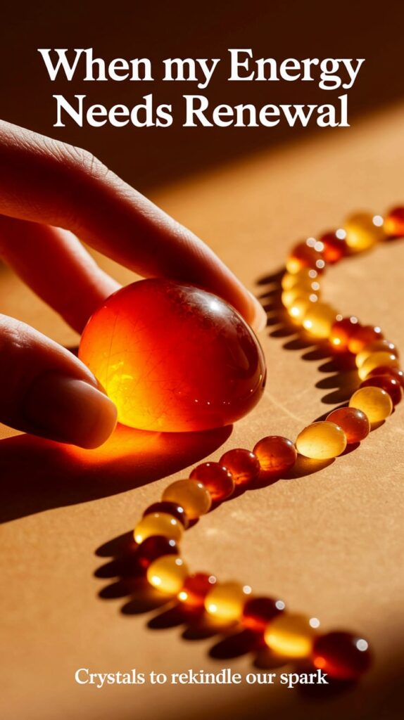 A close-up of a carnelian stone held between fingers against a warm orange-gold background. "When My Energy Needs Renewal" in large text positioned at the top. The stone's rich orange-red color dominates the image, with subtle light catching its polished surface. Scattered citrine and sunstone pieces create a path of energy below. Smaller text at the bottom reads "Crystals to rekindle our spark."