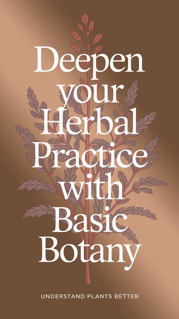 Deepen Your Herbal Practice with Basic Botany ‘Deepen Your Herbal Practice with Basic Botany’ — bold serif, middle of image, pastel pinks and greens, illustration of plant anatomy; bottom caption: ‘Understand plants better’