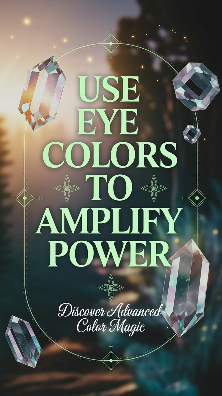Discover advanced color magic ‘Use Eye Colors to Amplify Power’ — bold font, middle, pastel green, visual of crystals and magic symbols, bottom caption: ‘Discover advanced color magic’