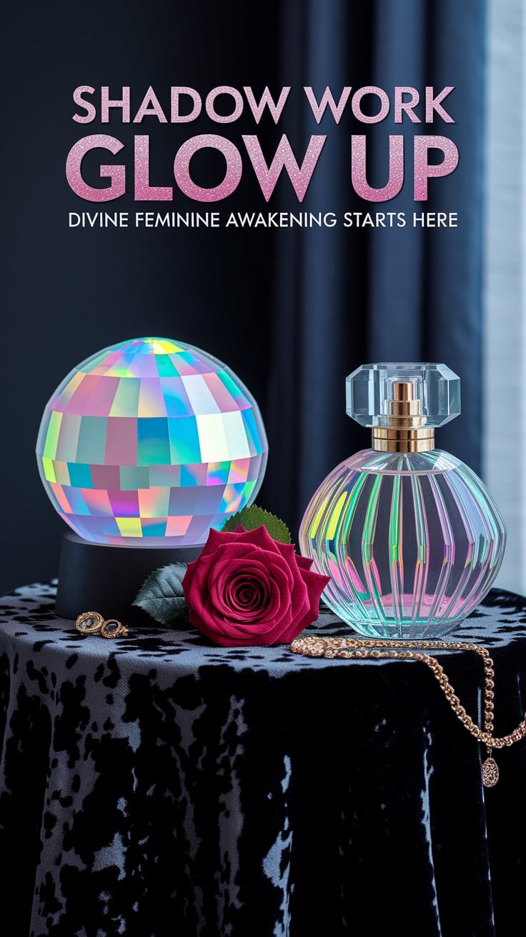 A matte black table with a holographic crystal ball beside an iridescent perfume bottle on crushed velvet cloth. A single red rose and golden jewelry create elegant contrast. Bold pink glittery text reads "SHADOW WORK GLOW UP" at the top with "Divine feminine awakening starts here" at the bottom. The headline text appears with a holographic effect that matches the crystal ball, positioned boldly at the top, while the tagline sits at the bottom in a smaller but equally impactful font.