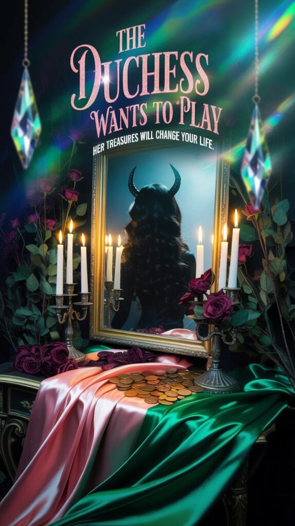 A candlelit boudoir with pink and emerald green satin draped over ornate gold furniture. A feminine silhouette with subtle horns is reflected in an antique mirror, surrounded by dried roses and copper coins. Bold glittery text at top reads "THE DUCHESS WANTS TO PLAY" with smaller text below saying "Her treasures will change your life" in a cute but slightly eerie font. Crystal prisms hanging from the ceiling cast rainbow reflections across the scene, creating a magical girl aesthetic with an edge.