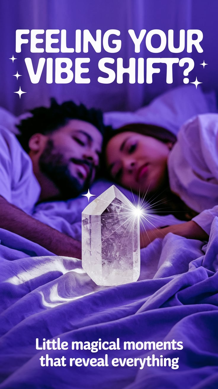 A dreamy bedroom bathed in lavender light with a couple on soft, rumpled sheets. Between them sits a clear quartz catching moonlight, creating sparkly rainbows on their faces. Bold, cute text says "FEELING YOUR VIBE SHIFT?" at top and "Little magical moments that reveal everything" at bottom. It's cozy yet mystical!