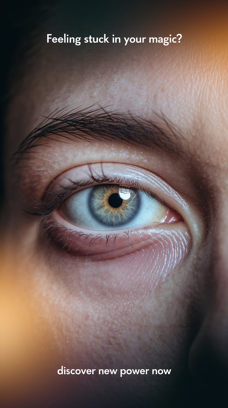 ‘Feeling Stuck in Your Magic?’ — simple bold font, upper third, muted earth tones, focus on a single eye with a thoughtful expression, bottom caption: ‘Discover new power now’