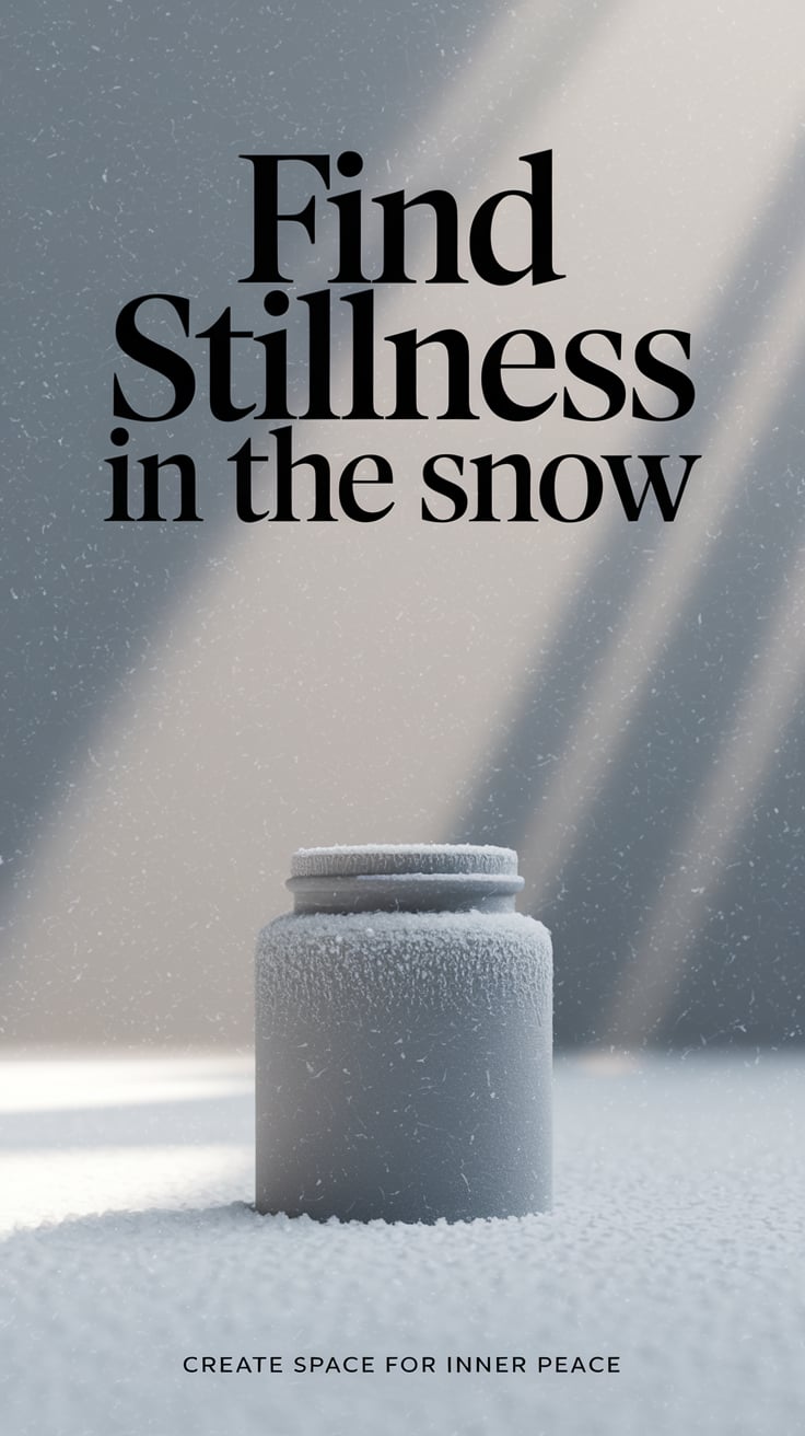 ‘Find Stillness In the Snow’ — bold serif, upper third, muted snowy gray with gentle light rays breaking through, a minimal frost-kissed jar; bottom caption: ‘Create space for inner peace’
