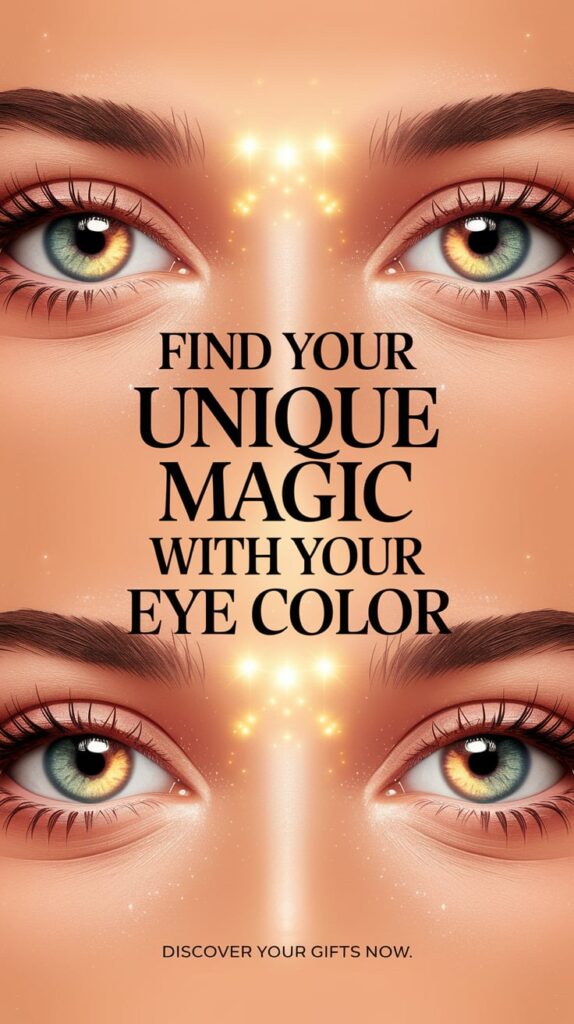 ‘Find Your Unique Magic with Your Eye Color’ — bold serif, middle, pastel peach, eye-focused visual; bottom caption: ‘Discover your gifts now’