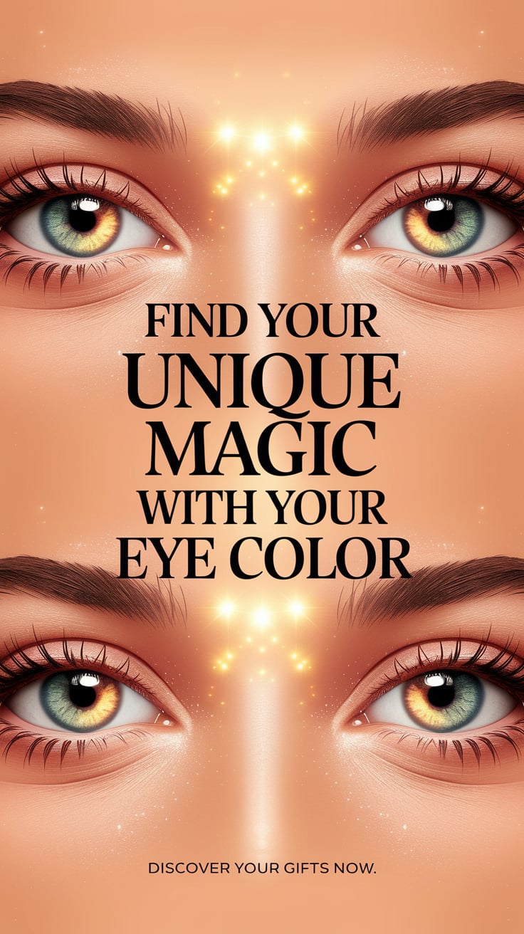 ‘Find Your Unique Magic with Your Eye Color’ — bold serif, middle, pastel peach, eye-focused visual; bottom caption: ‘Discover your gifts now’