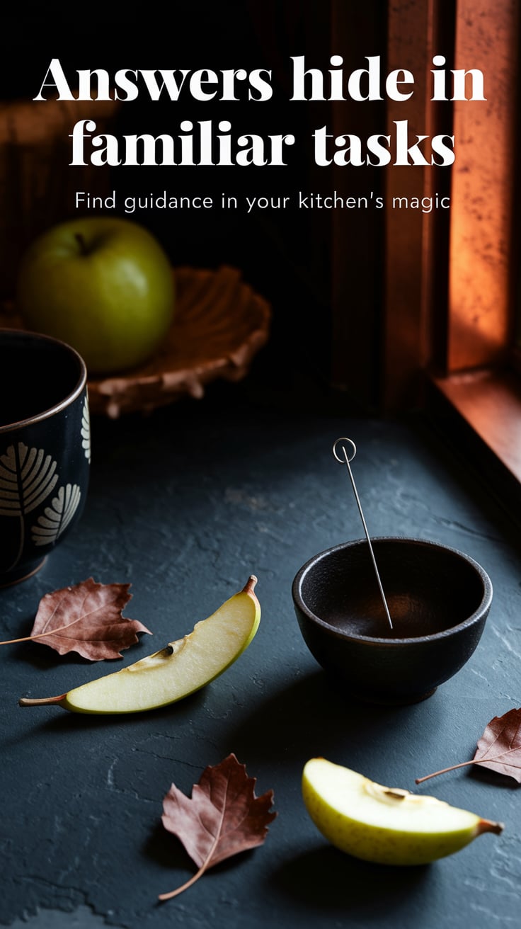 A rustic ebony countertop featuring apple peels, a black ceramic teacup showing leaf patterns, and a small cast iron bowl with a floating needle. Copper-toned autumn light creates the only warmth in an otherwise shadowy scene. Bright white text cuts through the darkness: "ANSWERS HIDE IN FAMILIAR TASKS" with smaller text: "Find guidance in your kitchen's magic"