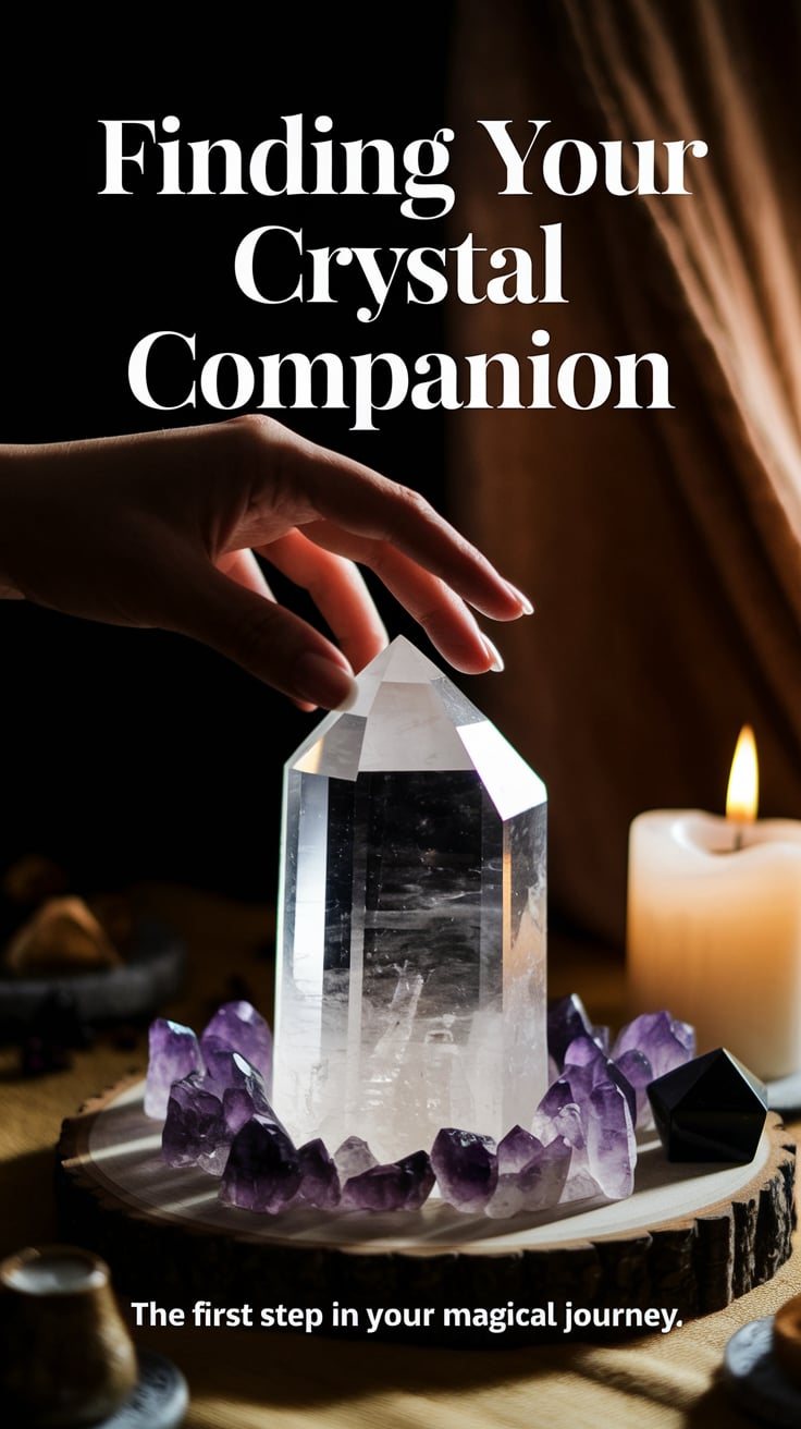 The Complete Crystal Guide by Purpose: Find the Perfect Stone for Every Intention 7 A hand reaching for a clear quartz crystal emitting a soft white glow against a dark background. "Finding Your Crystal Companion" appears in large serif font at the top. The crystal sits on a wooden altar surrounded by small amethyst and black tourmaline pieces. Natural candlelight creates warm shadows and highlights the crystal's facets. Small text at the bottom reads "The first step in your magical journey."