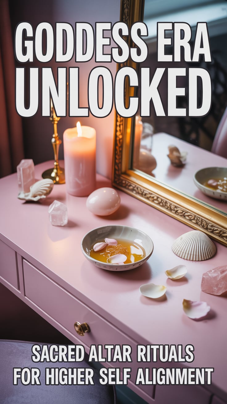 A velvet pink vanity table with rose quartz crystals, seashells, and a gold mirror catching soft candlelight. A small offering bowl contains honey and rose petals. Bold white text in a bubbly, cute font reads "GODDESS ERA UNLOCKED" at the top with "Sacred altar rituals for higher self alignment" at the bottom in a handwritten style. The headline text appears large and centered at the top third of the image, while the smaller tagline text sits at the bottom, creating visual balance with the vanity setup.
