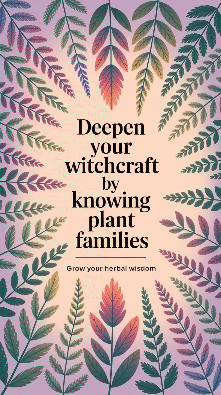 ‘Deepen Your Witchcraft by Knowing Plant Families’ — inspiring serif, center, luminous pastels with herbs, empowering tone; bottom caption: ‘Grow your herbal wisdom’