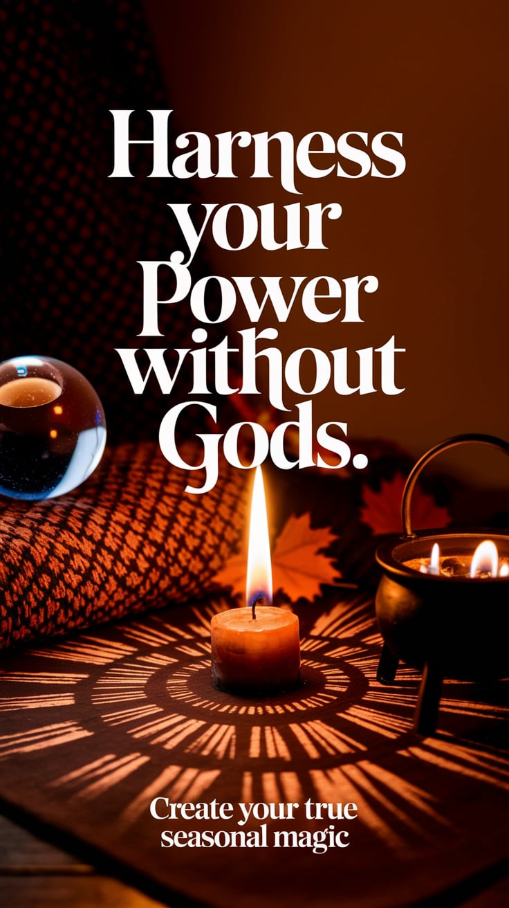 ‘Harness Your Power Without Gods’ — bold serif font, centered, warm candle glow, earthy fall tones. Focus on self-empowered magic rooted in symbolism and intention. Bottom caption: ‘Create your true seasonal magic’