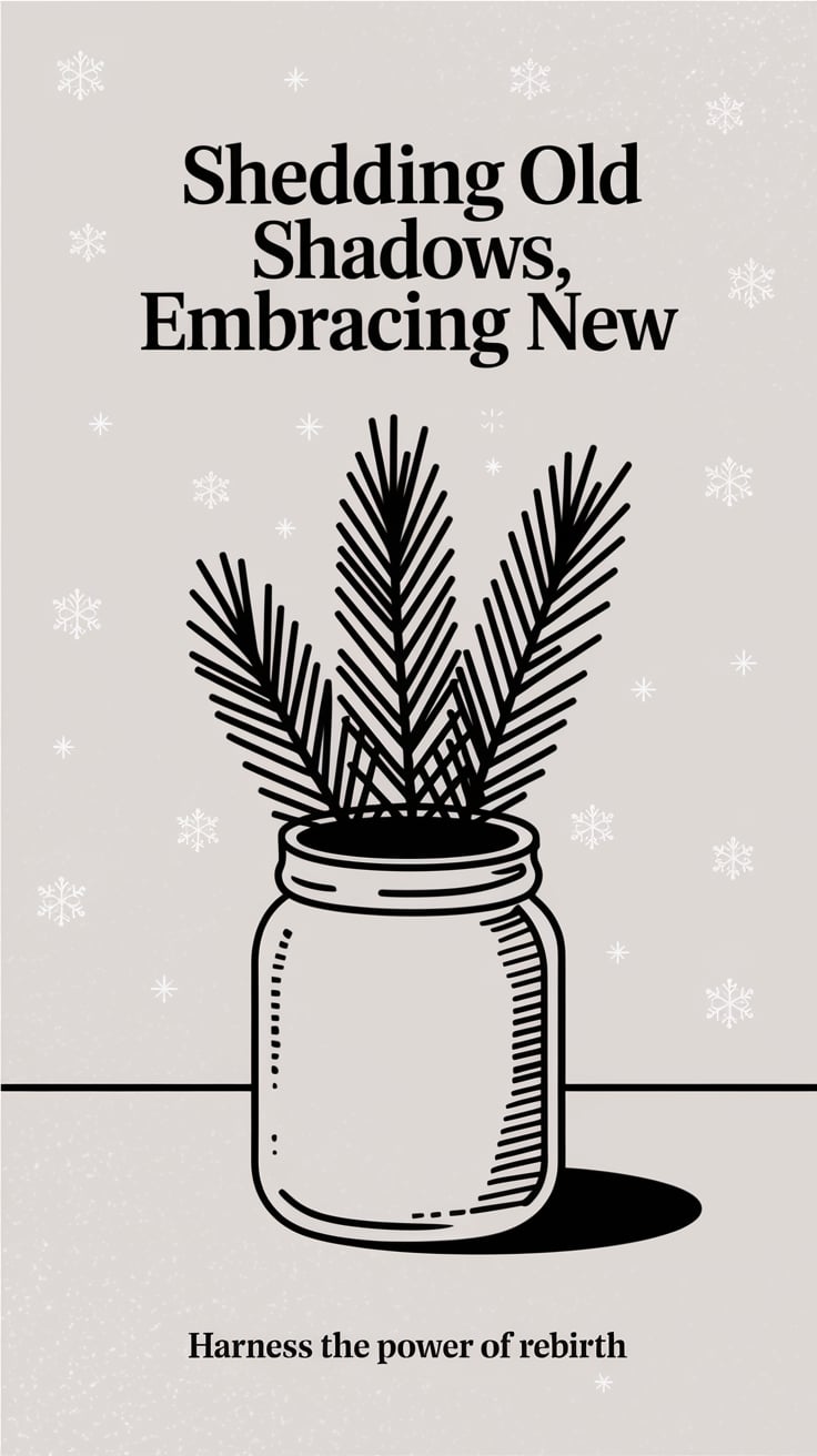 ‘Shedding Old Shadows, Embracing New’ — clean sans serif, upper third, pale winter white with faint snowflake patterns, a simple jar with pine needles inside; bottom caption: ‘Harness the power of rebirth’