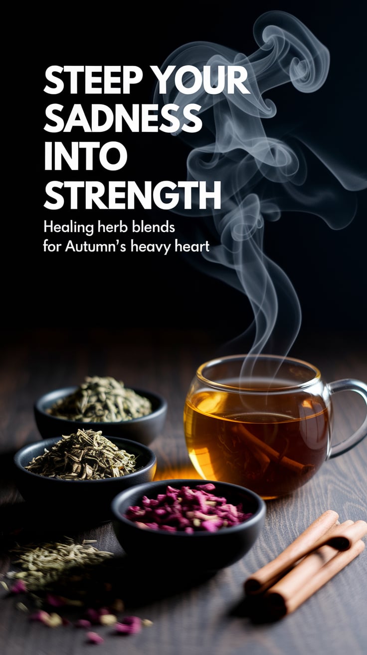 Dried herbs (lemon balm, rose petals, cinnamon) arranged in matte black bowls against a dark walnut surface. A glass teacup releases wispy steam into darkness. The dramatic contrast makes the herbs appear to glow from within. Crisp white text stands out boldly: "STEEP YOUR SADNESS INTO STRENGTH" with supporting text beneath: "Healing herb blends for autumn's heavy heart"