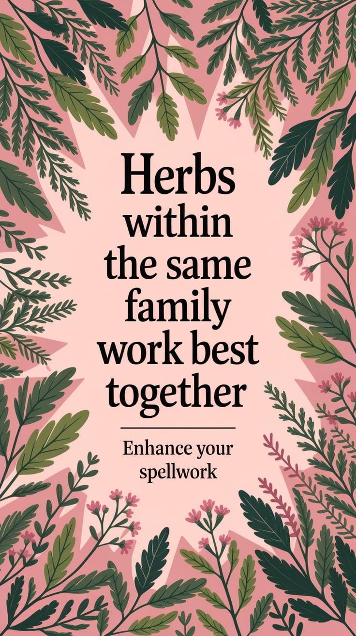 ‘Herbs Within the Same Family Work Best Together’ — friendly script, upper third, soft pink with herbs collage, cozy and approachable; bottom caption: ‘Enhance your spellwork’