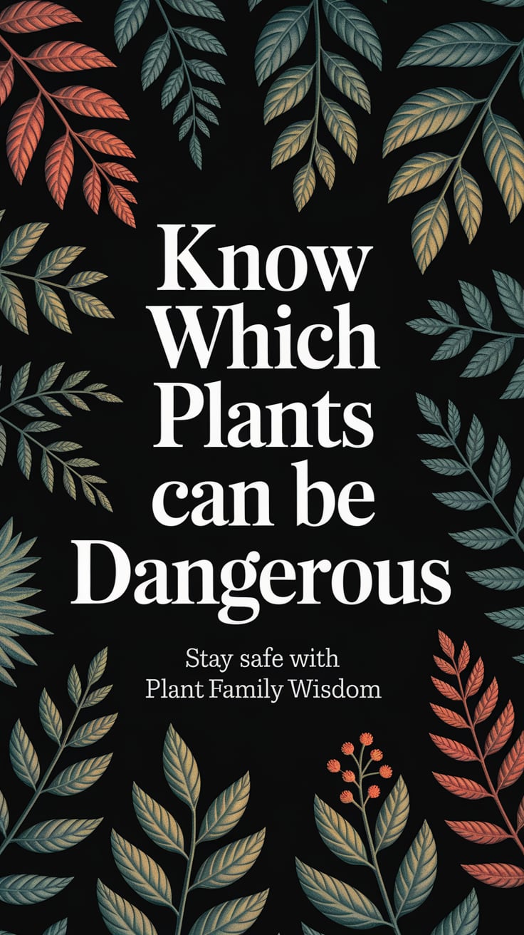 ‘Know Which Plants Can Be Dangerous’ — serious font, center, dark background with plant illustrations, safety focus; bottom caption: ‘Stay safe with plant family wisdom’