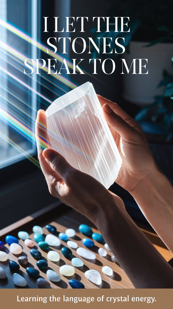 The Complete Crystal Guide by Purpose: Find the Perfect Stone for Every Intention 2 A close-up of hands holding a piece of selenite up to sunlight streaming through a window. "I let the stones speak to me" in large, ethereal font overlays the top portion. The crystal catches the light, creating rainbow prisms across the image. A collection of smaller crystals rests on a wooden table below, organized by color families. The bottom text reads "Learning the language of crystal energy."