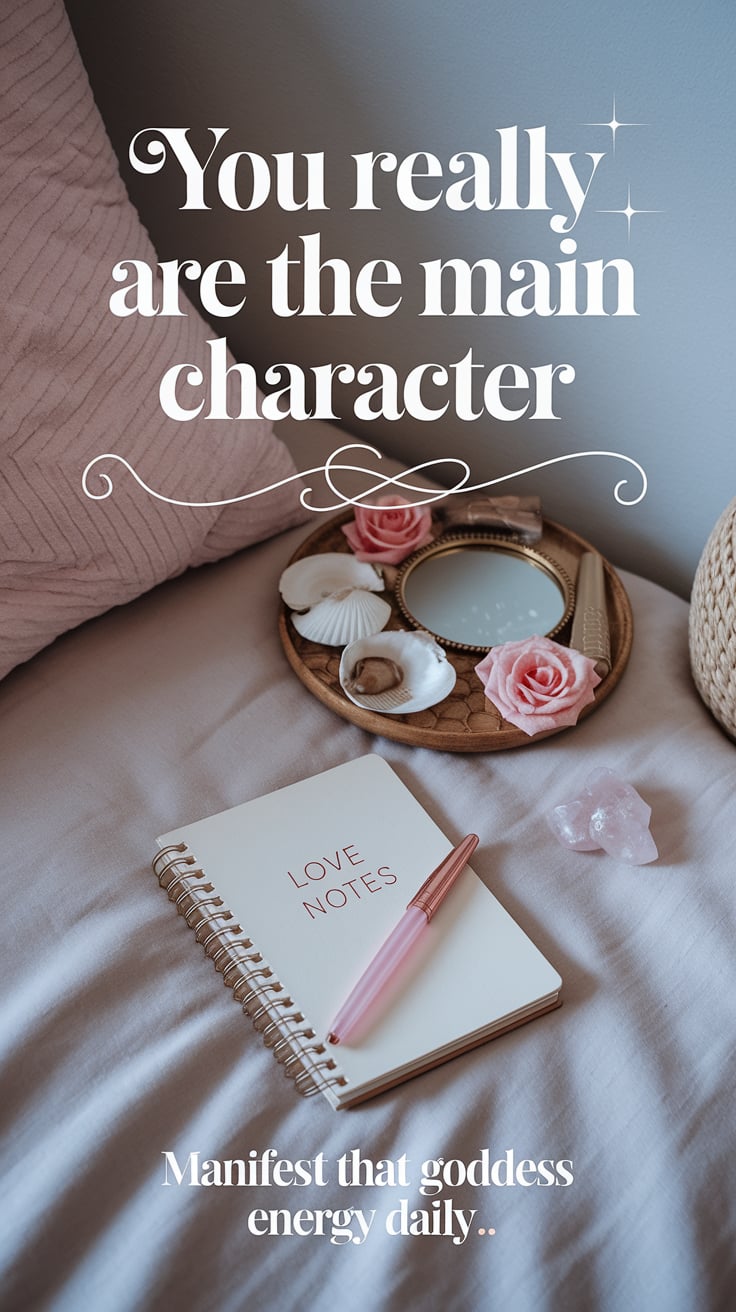 A cozy bedroom corner with a small Aphrodite altar featuring shells, roses, and a small mirror. A journal with "Love Notes" written on it sits nearby with a rose quartz pen. Soft gold text in an elegant font reads "YOU REALLY ARE THE MAIN CHARACTER" at the top with "Manifest that goddess energy daily" below. The headline text has a subtle shimmer effect, positioned prominently at the top of the image, while the smaller text sits just below the altar setup in the lower third of the image.
